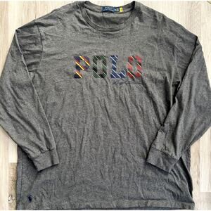 Polo Ralph Lauren Men's Grey Heather Striped Logo Graphic Long Sleeve TShirt 2XB